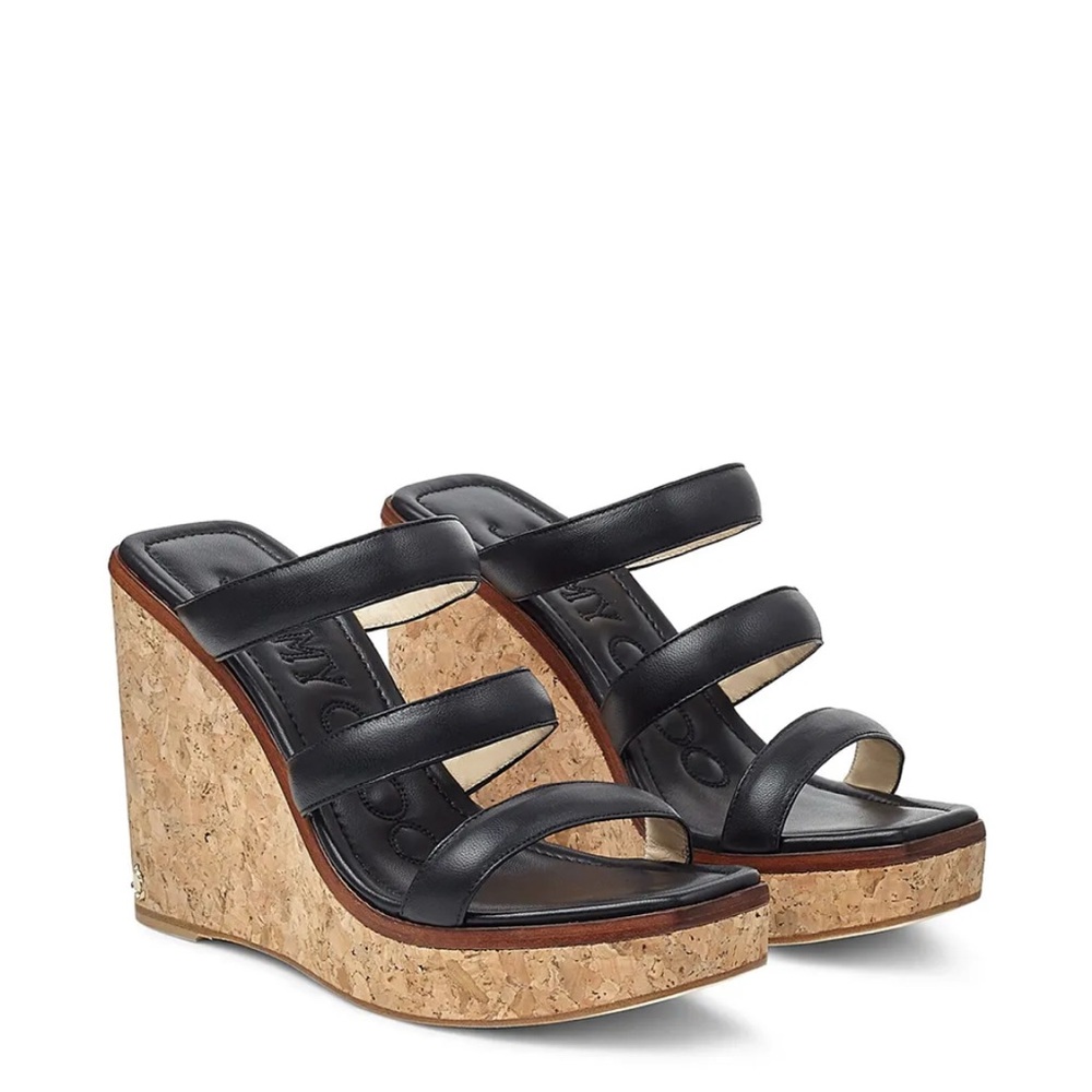 Jimmy Choo Athenia 110 Black Nappa Cork Wedge • EU 39 • Excellent Cond